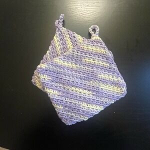 Hand Crocheted Double Thick Hot Pad Pot Holder Pair Purple White